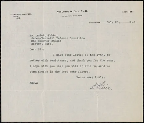 Augustus H. Gill typed note signed to Amleto Fabbri, Boston, Mass., July 20, 1925