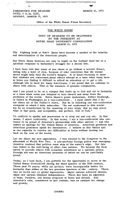 Text of Remarks to Be Delivered by the President at Notre Dame University Convocation [Ford Speech or Statement]