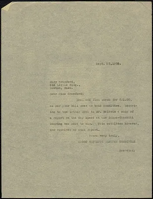 Sacco-Vanzetti Defense Committee typed note (copy) to Mary Crawford, Boston, Mass., September 22, 1926