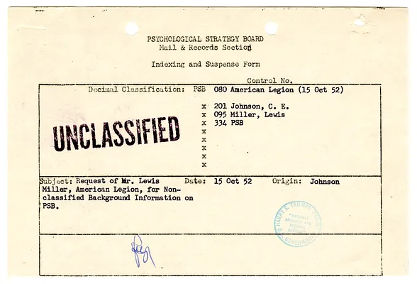 Indexing and Suspense Form re Request for Non-Classified Background Information on Psychological Strategy Board, with Attachments