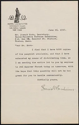 Louis G. Bernheimer typed note signed to Joseph Moro (Sacco Vanzetti Defense Committee), New York, N.Y., June 16, 1927