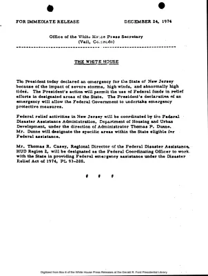 President Declares Emergency for State of New Jersey [Disaster Declaration]