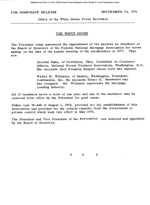 President announces the appointment of Dorothy Duke and Walter B. Williams as members of the Board of Directors of the Federal National Mortgage Association [Position Appointments and Resignations]