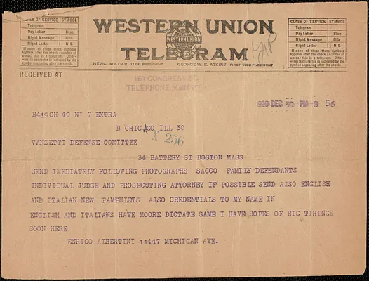 Enrico Albertini telegram to Sacco and Vanzetti Defense Committee, Chicago, Ill., December 30, 1920