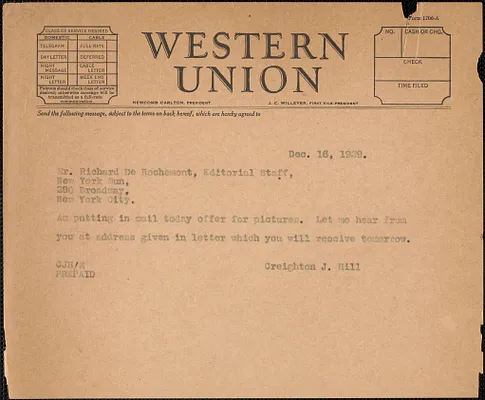 Creighton J. Hill telegram to Richard De Rochemont (The New York Sun), [Boston, Mass.], December 16, 1929
