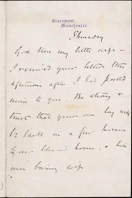 [John Biddulph Martin] autograph note to [Victoria Woodhull Martin], Manchester, Eng., approximately 1883-1897