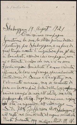 Saverio DiBenedetto autograph letter signed, in Italian, to [Emilio Coda?] Sheboygan, Wis., August 19, 1921