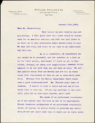 Bynner, Witter, 1881-1968 typed letter signed to Hugo Münsterberg, New York, 19 January 1904