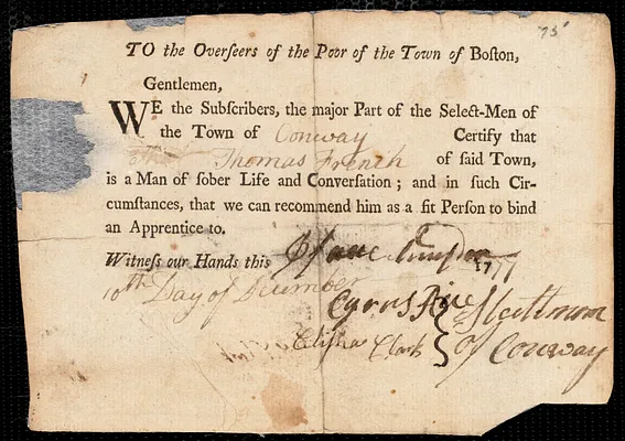 John Wilks indentured to apprentice with Thomas French of Conway, 7 November 1777