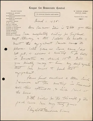 Elizabeth Glendower Evans (League for Democratic Control) autograph letter signed to [Sacco-Vanzetti Defense Committee], Boston, Mass., March 1, 1925