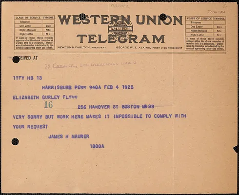 James H. Maurer telegram to Elizabeth Gurley Flynn, Harrisburg, Pa., February 4, 1925