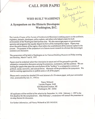 Who Built Washington Call for Papers with Note From Mary, May 1, 1996