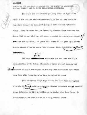 First Draft, Remarks of President Harry S. Truman in the Opening of the Fire Prevention Conference