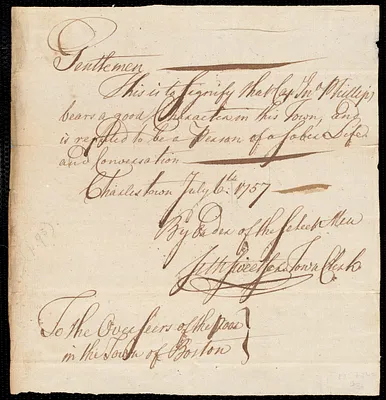 Elizabeth Moody indentured to apprentice with John Phillips of Charlestown, 7 July 1757