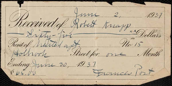 Receipt from Frances Port for Robert Knapp, June 2, 1937