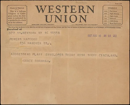 Grace Burnham telegram to Powers Hapgood, New York, N. Y., August 16, 1927