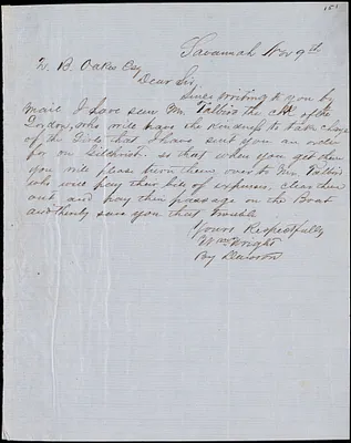 William Wright, Savannah, Ga., manuscript letter signed to Ziba B. Oakes, 9 November [1853?]