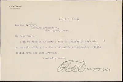 Letter from F.E. Warren, Cheyenne, WYO, to Darwin C. Pavey, Birmingham, Conn., 1889 April 2