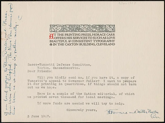 Horace and Nettie Burton Carr typed note signed to Sacco-Vanzetti Defense Committee, Cleveland, Ohio, June 3, 1927