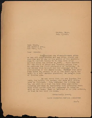 Sacco-Vanzetti Defense Committee typed letter (copy) to Mary Trask, Boston, Mass., July 5, 1927