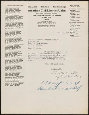 Clinton Taft (American Civil Liberties Union) typed note signed (by C. O. Dantzig) to Sacco-Vanzetti Defense Committee, Los Angeles, Calif., October 8, 1927