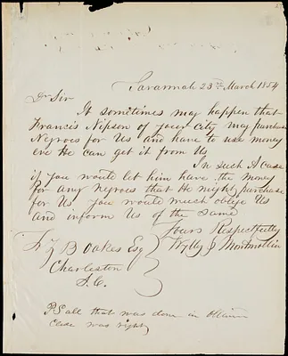 Wylly & Montmollin, Savannah, Ga., manuscript letter signed to Ziba B. Oakes, 23 March 1854