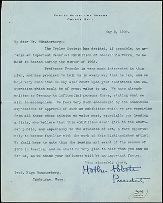 Abbot, Holker, 1858-1930 typed letter signed to Hugo Münsterberg, Boston, 09 May