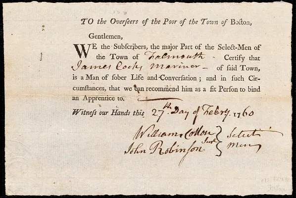 Margaret [Margarett] Hendly indentured to apprentice with James Cocks of Falmouth, 4 March 1760