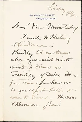 Agassiz, Alexander, 1835-1910 autograph letter signed to Hugo Münsterberg, Cambridge, Mass.