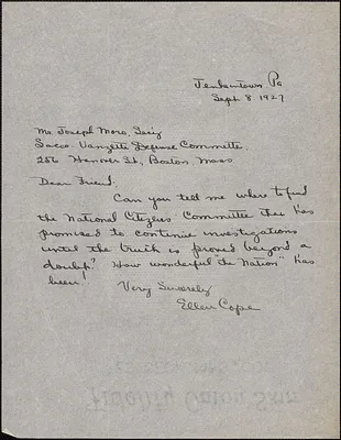 Ellen Cope autograph note signed to Joseph Moro, Jenkintown, Pa., September 8, 1927