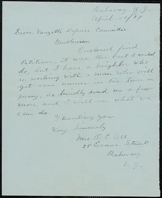 Mrs. O. E.[?] autograph note signed to Sacco-Vanzetti Defense Committee, Rahway, N.J., April 25, 1927