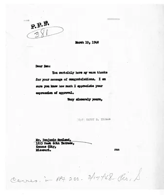 Letter from President Harry S. Truman to Benjamin Sosland