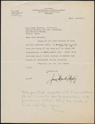 James M. Murphy typed note signed to Mary Donovan, Milwaukee, Wis., September 22, 1927