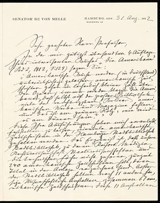 Melle, Werner von, 1853- autograph letter signed to Hugo Münsterberg, Hamburg, Ger., 31 August 1912