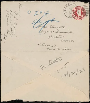 G. A. Benjamin autograph envelope to Sacco-Vanzetti Defense Committee, El Dorado, Colo., November 5, 1923