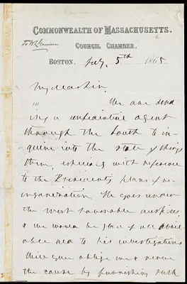Letter from Francis William Bird, Commonwealth of Massachusetts, Council Chamber, Boston, [Mass.], to William Lloyd Garrison, July 5th, 1865