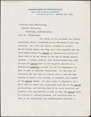 Dunlap, Knight, 1875-1949 typed letter signed to Hugo Münsterberg, Baltimore, 21 January 1914