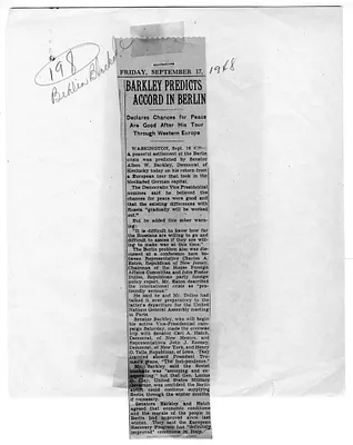 Newspaper Clipping, "Barkley Predicts Accord in Berlin"