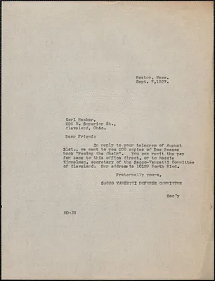 Mary Donovan (Sacco-Vanzetti Defense Committee) typed note (copy) to Carl Hacker, Boston, Mass., September 7, 1927