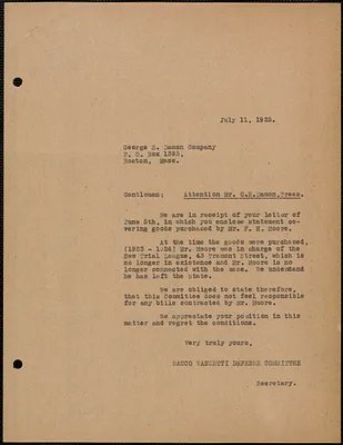 Sacco-Vanzetti Defense Committee typed letter (copy) to George E. Damon Company, Boston, Mass., July 11, 1925