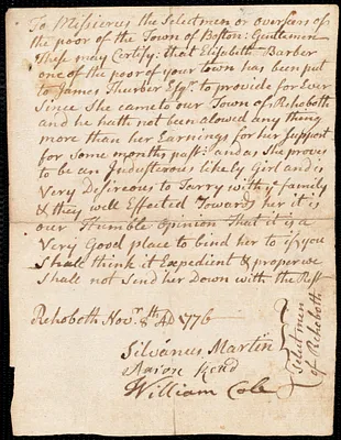 Elizabeth Barber indentured to apprentice with James Thurber of Rehoboth, 9 December 1776