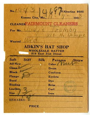 Receipt from Adkin's Hat Shop & Fairmount Cleaners for Harry S. Truman