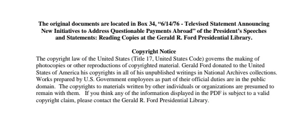 6/14/76 - Televised Statement Announcing New Initiatives to Address Questionable Payments Abroad