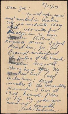 Lester Shulman (Socialist Youth Campaign Committee) autograph note (postcard) to Joseph Moro, Quebec City, Quebec Canada, August 31, 1927