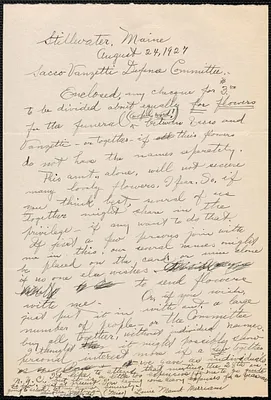 Louie Maude Merriam autograph letter signed to Sacco-Vanzetti Defense Committee, Stillwater, Me., August 24, 1927