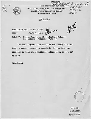 Memorandum from James T. Lynn, Director of the Office of Management and Budget, to President Gerald R. Ford concerning a status report on the Indochina Refugee Resettlement Program.