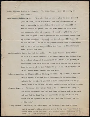 Sacco-Vanzetti Memorial Committee extracts of letters and telegrams, [Boston, Mass., August 1927]