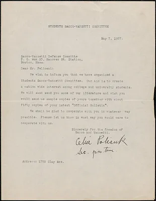 Celia Polisuk (Student Sacco-Vanzetti Committee) typed letter signed to Aldino Felicani, [New York, N.Y.], May 7, 1927