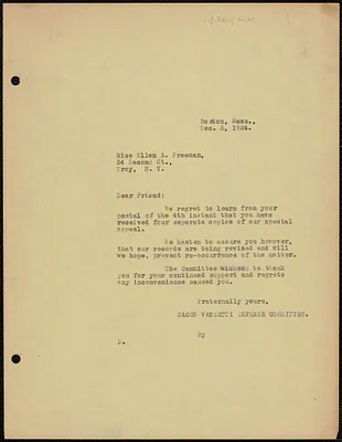 Sacco-Vanzetti Defense Committee typed letter (copy) to Ellen A. Freeman, Boston, Mass., December 5, 1924