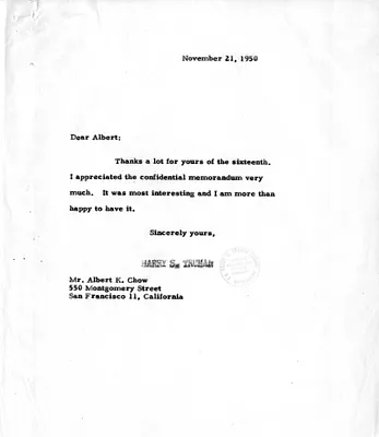 Correspondence Between President Harry S. Truman and Albert Chow, with Attachment